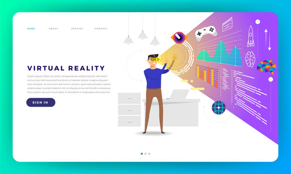 Mock-up Design Website Flat Design Concept Virtual Reality Platform (VR). The Man Standup With VR Glasses Play Content Inside. Vector Illustration.