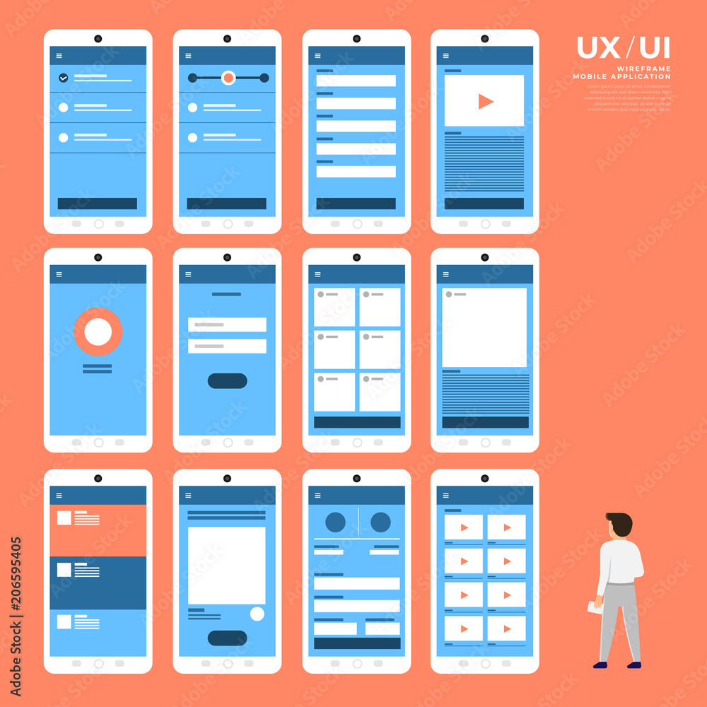 Poster ux ui flowchart. mock-ups mobile application concept flat design. vector illustration