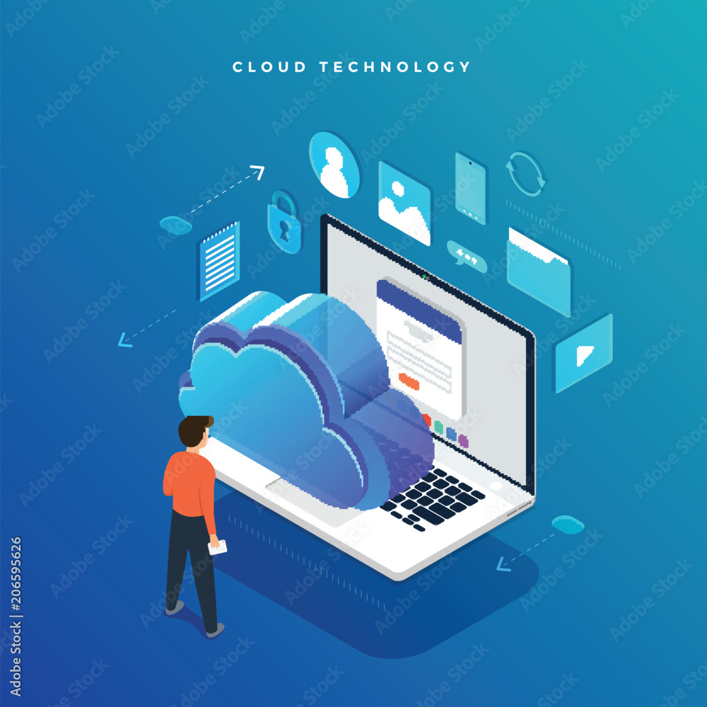 Poster isometric flat design concept cloud technology data transfer and storage. connecting information. ve