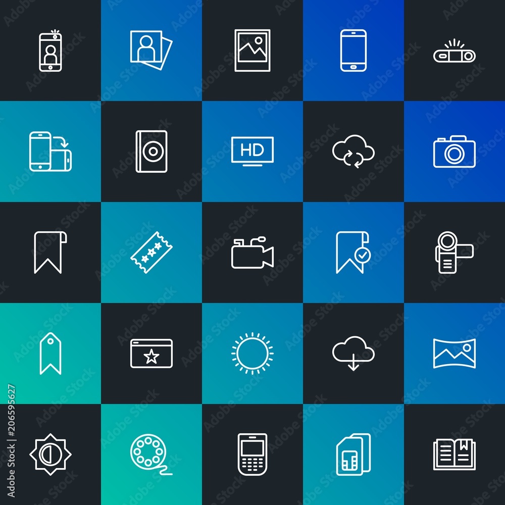 Poster modern simple set of cloud and networking, mobile, video, photos, bookmarks vector outline icons. co