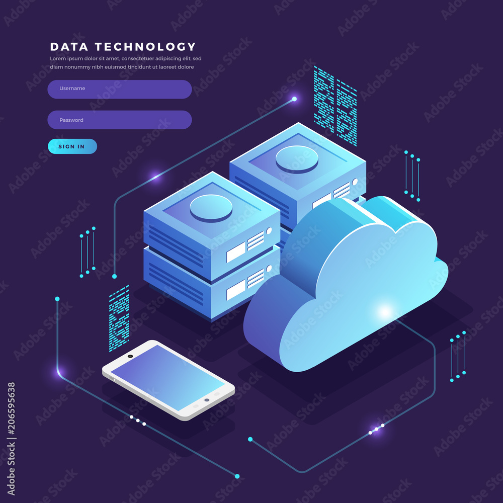 Poster isometric flat design concept cloud technology data transfer and storage. connecting information. ve