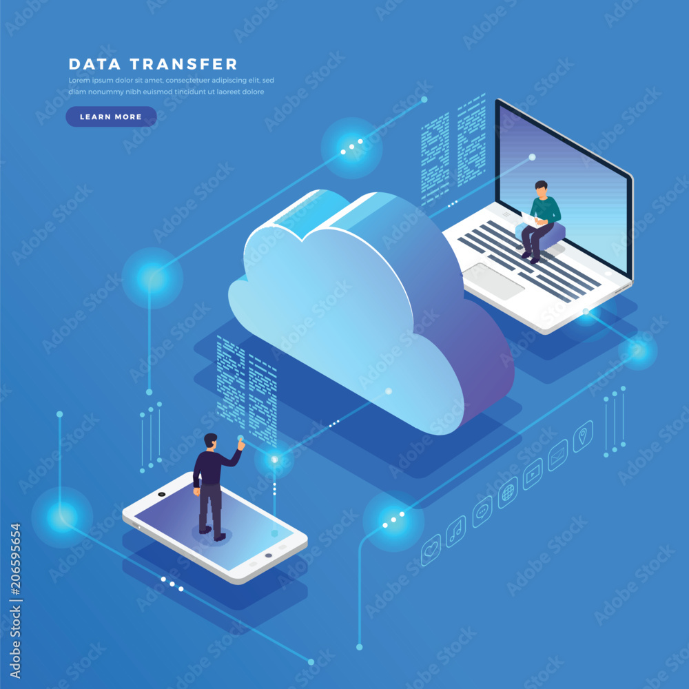 Poster isometric flat design concept cloud technology data transfer and storage. connecting information. ve
