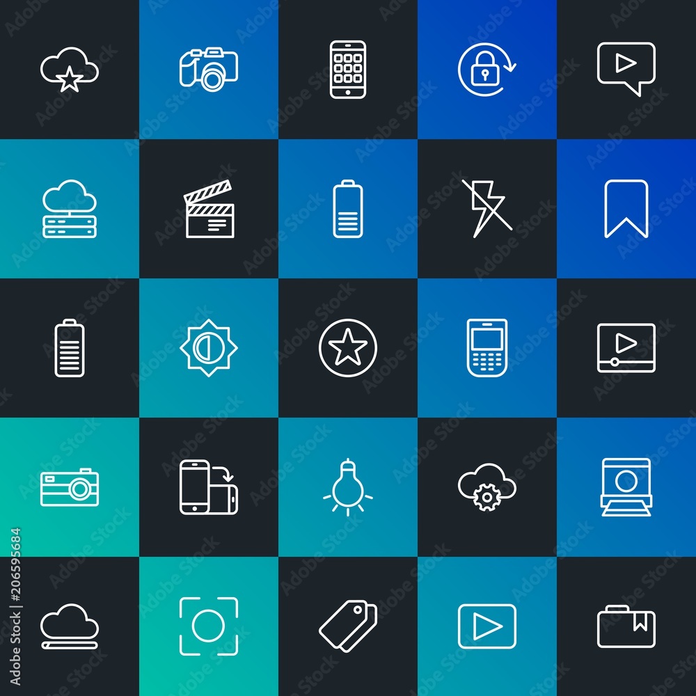 Poster modern simple set of cloud and networking, mobile, video, photos, bookmarks vector outline icons. co