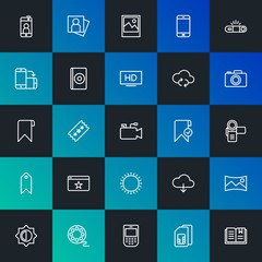 Modern Simple Set of cloud and networking, mobile, video, photos, bookmarks Vector outline Icons. Contains such Icons as  and more on dark and gradient background. Fully Editable. Pixel Perfect.