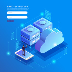 Isometric flat design concept cloud technology data transfer and storage. Connecting information. Vector illustrations.