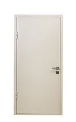 Closed security armored door isolated at white background. Image of a closed metal door. Entrance to apartment. Steel front door with lock and handle. Modern Door design.