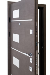 Open armored door isolated at white background. Image of a open door. Entrance to apartment. Brown wood veneer front door for office, with lock and handle. Modern Door design.