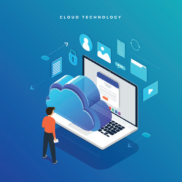 Isometric flat design concept cloud technology data transfer and storage. Connecting information. Vector illustrations.