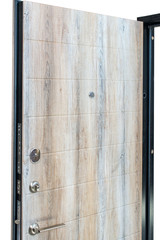Open wooden door isolated at white background. Image of a open door. Entrance to apartment. Wood veneer front door for office, with lock and handle. Modern Door design.