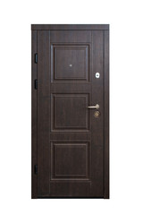 Fototapeta premium Closed wooden door isolated at white background. Image of a closed door. Entrance to apartment. Brown wood veneer front door for office, with lock and handle. Modern Door design.