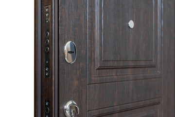 Open door. Door lock, Dark brown door closeup. Modern interior design, door handle. New house concept. Real estate.