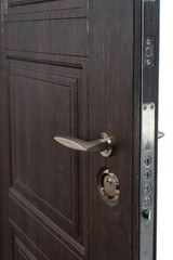 Open door. Door lock, Dark brown door closeup. Modern interior design, door handle. New house concept. Real estate.