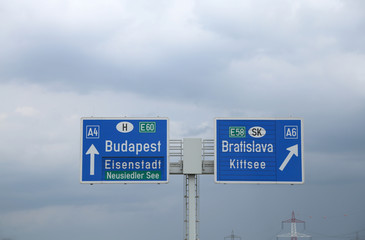 Road sign on the highway with directions to the border between H