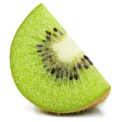Ripe slice of kiwi fruit stand isolated on white background with shadow