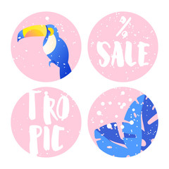 Set of summer labels for sale with toucan, palm leaves and text on pink circles. Flat design. Vector background.