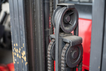 Close up of pulley system of forklift