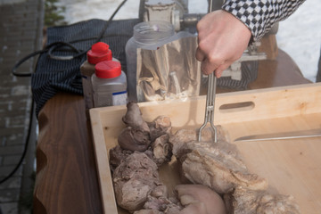 Meat preparing, cooked of entrails