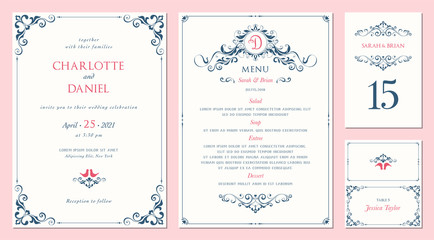 Ornate wedding invitation, table number, menu and place card. Swirl floral templates. Classic vintage design.