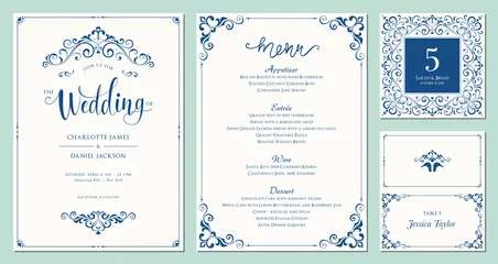 Fotobehang Ornate wedding invitation, table number, menu and place card. Swirl floral templates. Classic vintage design. © KatyaKatya