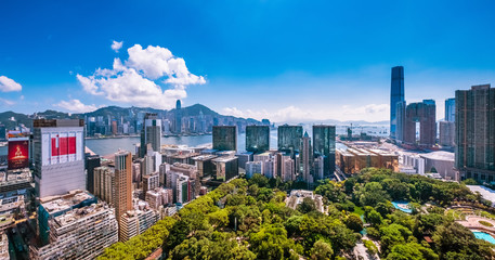 Kowloon, Hong Kong  - May 26, 2018 : City view of Kowloon peninsula and Hong Kong island at hot...