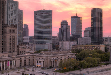 Panorama of the city at sunset. Warsaw, Poland.
