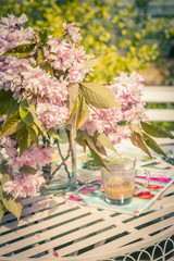 Beautiful and romantic scene in the home garden with a vase of Japanese cherry tree blossoms on the white table