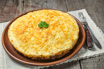 English shepherd's pie. The national dish of British cuisine. Copy-space.