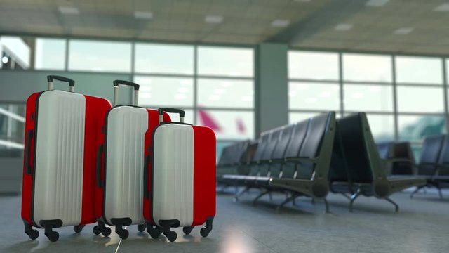 Travel suitcases featuring flag of Indonesia. Indonesian tourism conceptual animation