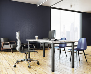 Blue office interior with copy space