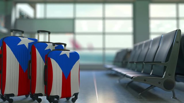 Travel suitcases featuring flag of Puerto Rico. Puerto Rican tourism conceptual animation