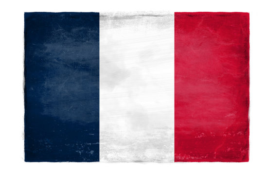 French flag with traces of use in battle and destruction from difficult warfare