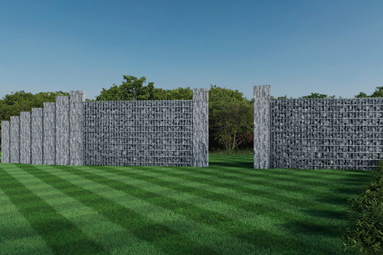 3d rendering of green garden with gabion wall and stone palisade