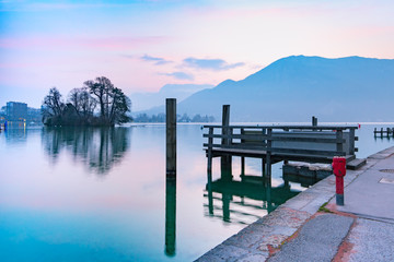 Annecy lake and Alps mountains at sunrise, France, Venice of the Alps, France