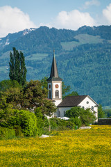 Fototapeta na wymiar The charming village of Busskirch (Kirchdorf), Rapperswil-Jona, Sankt Gallen, Switzerland. Located in an idyllic lakeside shore of the Obersee (Upper Lake Zurich)