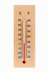 Wooden meteorology thermometer isolated on white background. Air temperature plus 4 degrees celsius