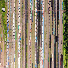 Branches of the railway at the marshalling yard, a lot of freight wagons from the height