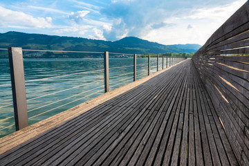The Holzsteg, a wooden pedestrian bridge crossing the Zurich Lake (Obersee) at its narrowest point. Part of the eastern branch of the Way of Saint James