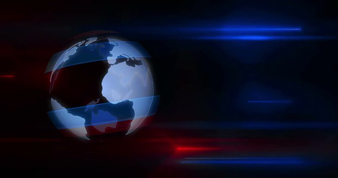 Textless broadcasting news intro graphics animation. Lead-in with rotating globe and title on abstract dynamic red and blue lights in background.