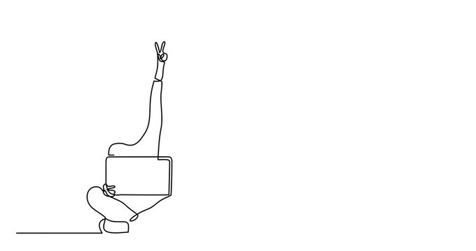 Self drawing animation of continuous line drawing of woman with laptop showing victory sign