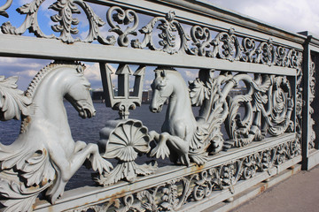 Bridge Railing Historical Ornament Balustrade with Decorative Horses at Annunciation Bridge in Saint Petersburg, Russia. Stone Balustrade Architecture of Neva River Bridge on Sunny Summer Day.