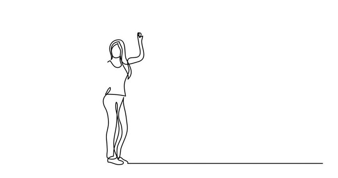 Self drawing animation of continuous line drawing of two cheering happy friends