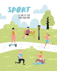 Summer Outdoor Sports Activities. Active People in the Park Poster, Banner. Running, Yoga, Roller, Fitness. Characters Doing Workout Outside. Vector illustration