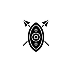 African shield spears black icon concept. African shield spears flat vector symbol, sign, illustration.