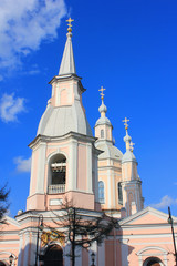 Saint Andrew's Cathedral (Andreyevsky Cathedral) on Vasilievsky Island in Saint Petersburg, Russia. Last Baroque Cathedral Built in the City, Russian Orthodox Church Building Facade.