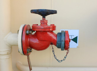 Valve Fire Caution Equipment Isolated Close Up View. Industrial Fire Fighting System that...