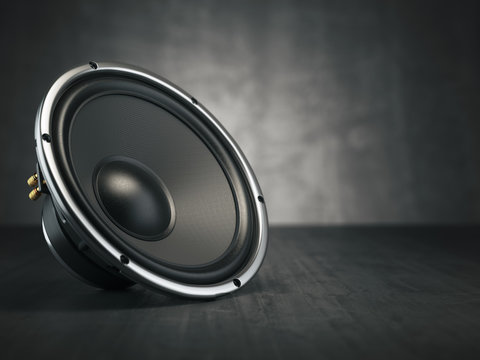 Loudspeaker.  Multimedia acoustic sound speaker on black background.