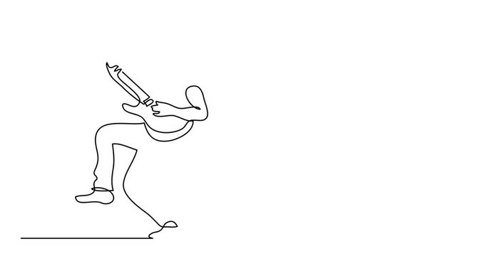 Self drawing animation of continuous line drawing of expressive rock guitarist posing