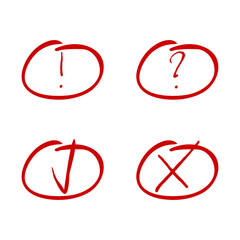 Mark red marker. Tick and cross, exclamation and question symbol