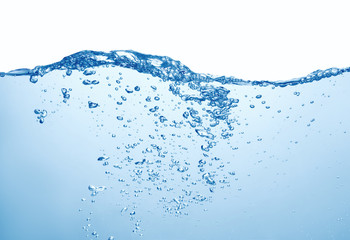 clean blue water with splash and air bubbles on white background