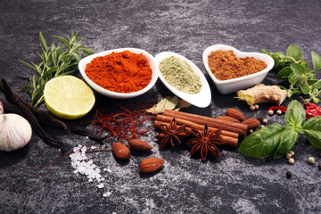 Spices and herbs on table. Food and cuisine ingredients.